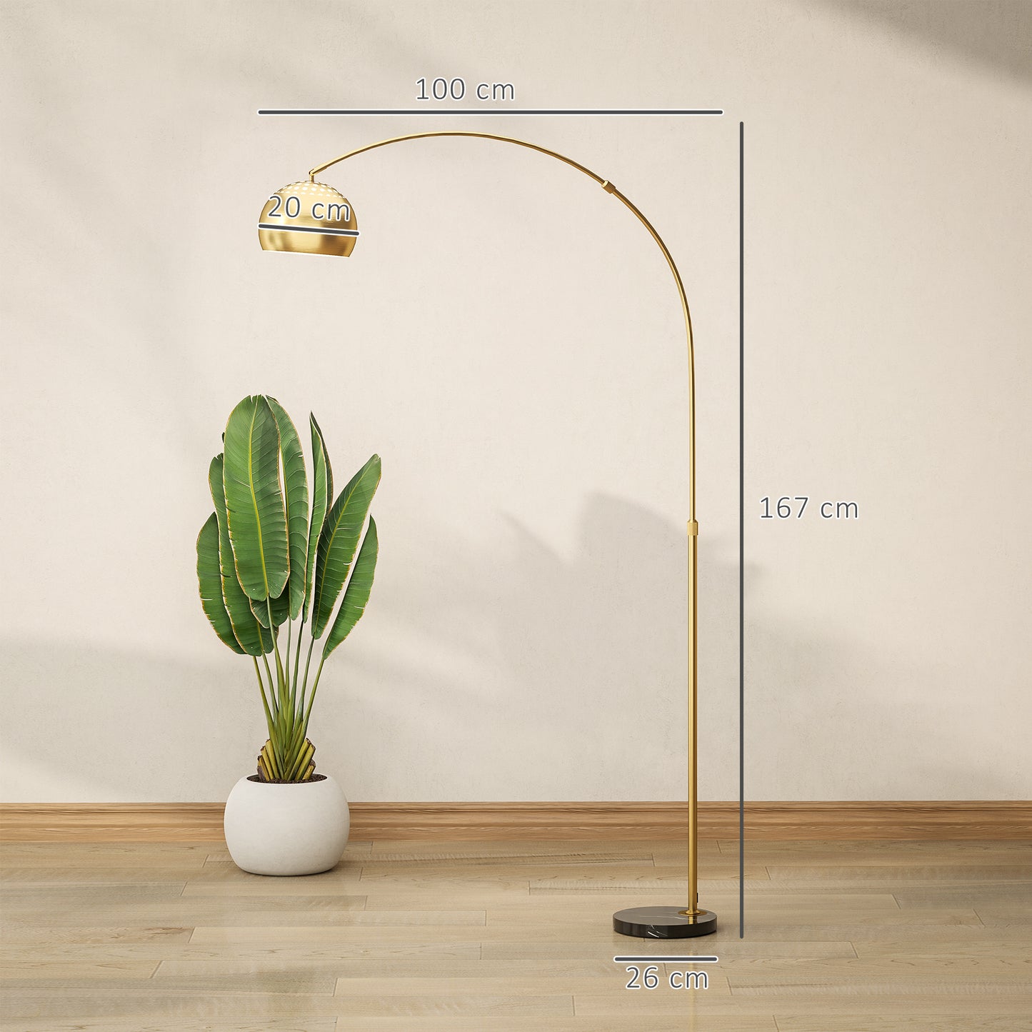 Ketota Gold Metal And Black Marble Arc Bell Floor Lamp With Adjustable Shade