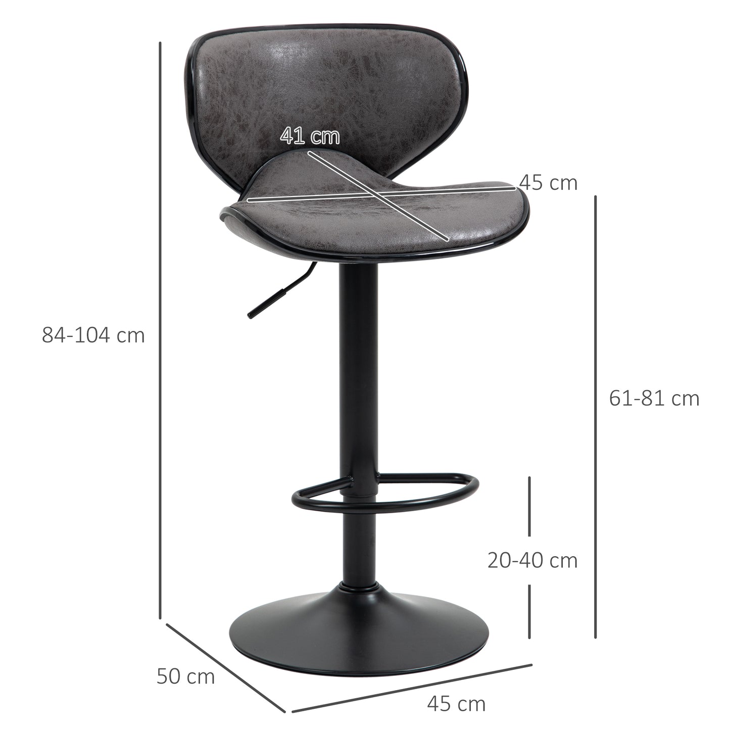 Cotavi Faux Leather Dark Grey Adjustable Kitchen Bar Chairs Set Of 2 With Padded Seats