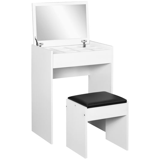 Rararo White Wood Vanity Table With Flip Up Mirror Padded Stool And Storage