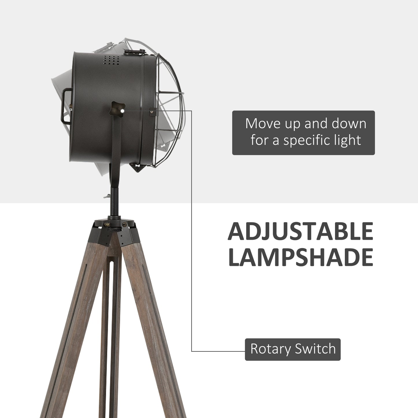 Lesado Zine Wood And Metal Grey Adjustable Tripod Floor Lamp With Spotlight Head