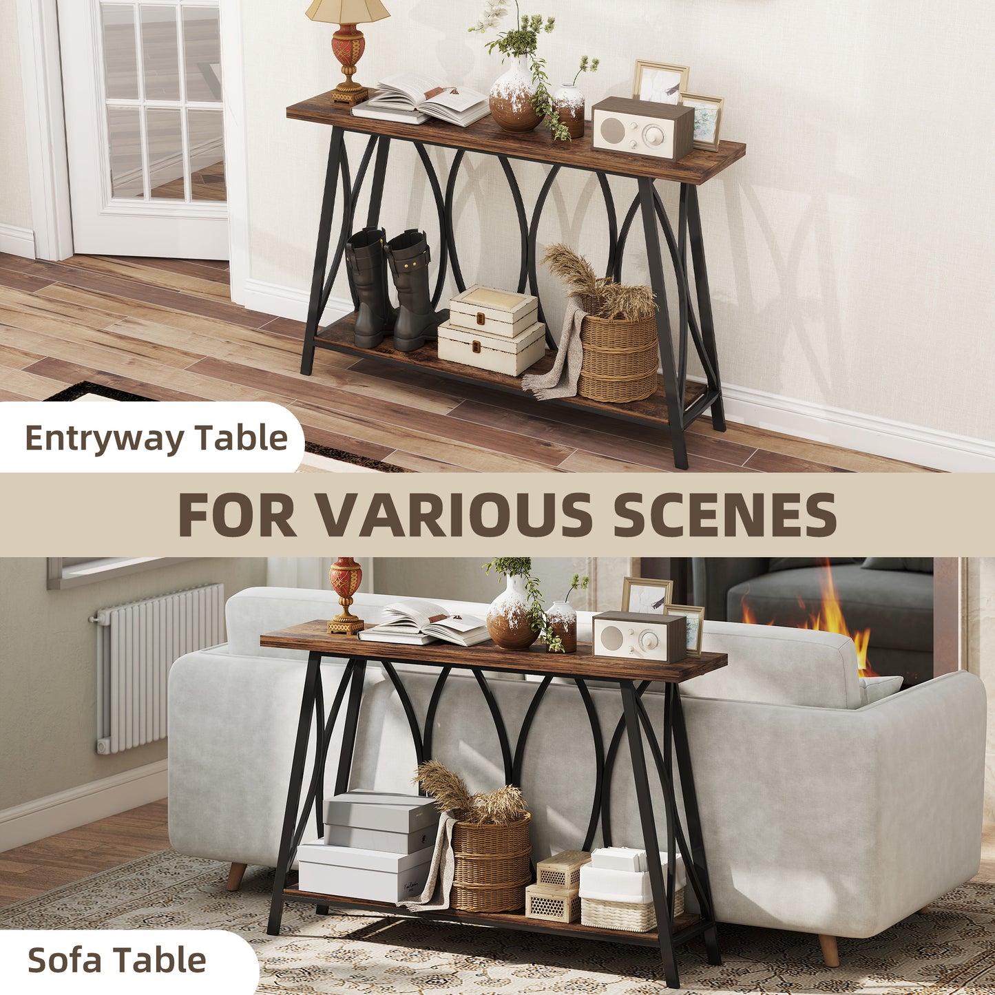 Raneve Metal And Wooden Rustic Brown 2 Tier Industrial Console Table 120 x 30 x 80 cm