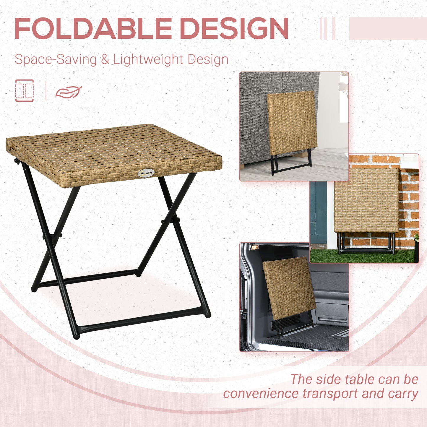 Kenila Natural Rattan Square Folding Garden Bistro Side Table