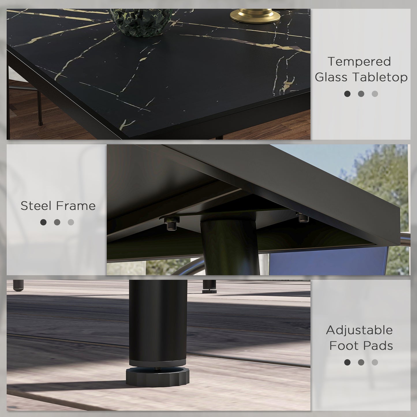 Zive 4 Seater Steel Black Square Outdoor Dining Table With Marble Effect Glass Top