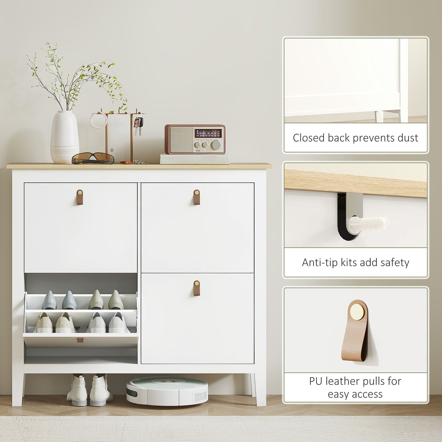 Milese Wooden White and Natural Modern 4 Drawer Shoe Cabinet Faux Leather Handles