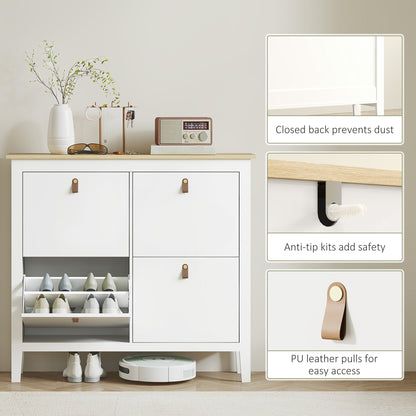 Milese Wooden White and Natural Modern 4 Drawer Shoe Cabinet Faux Leather Handles