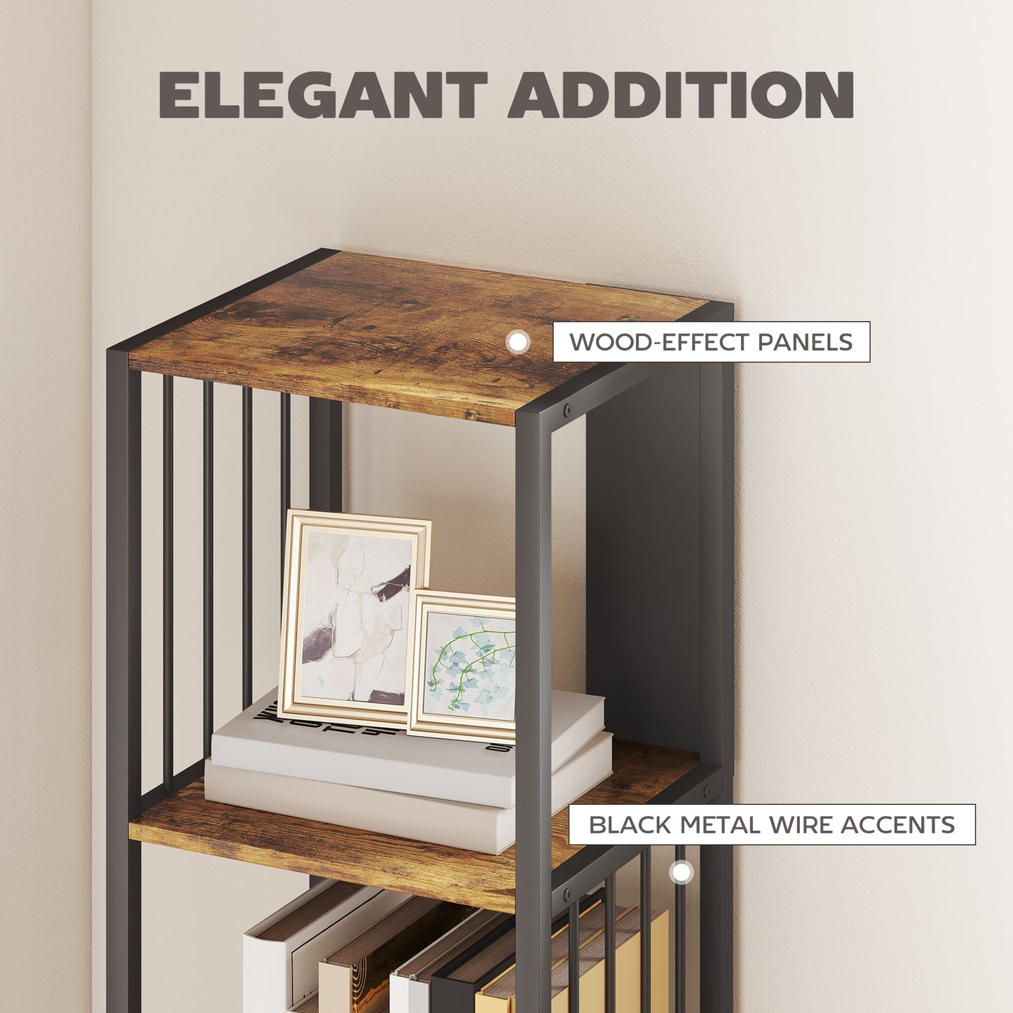 Remo Metal And Wood Rustic Brown 5 Tier Bookshelf With Steel Frame