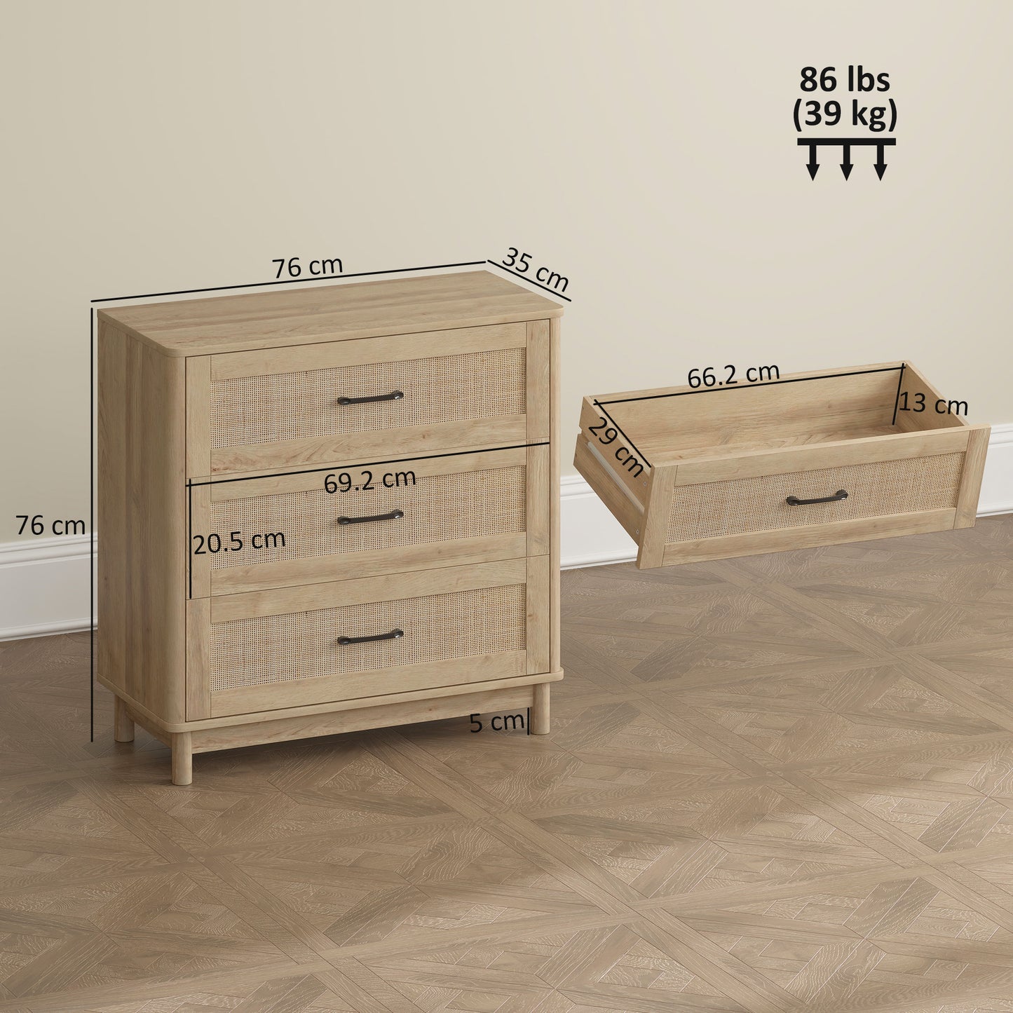 Zima Wood Oak Finish 3 Drawer Storage Chest 76 cm Wide