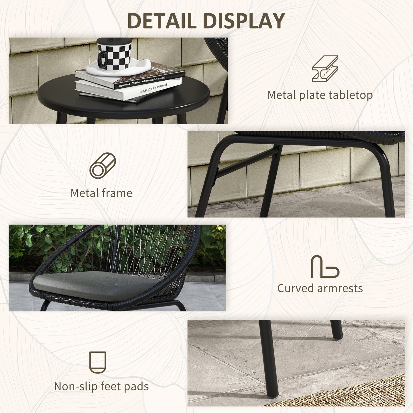 Lukeno Black Rattan Rope 3 Piece Outdoor Bistro Set Table and 2 Chairs Set