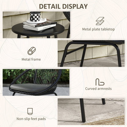 Lukeno Black Rattan Rope 3 Piece Outdoor Bistro Set Table and 2 Chairs Set