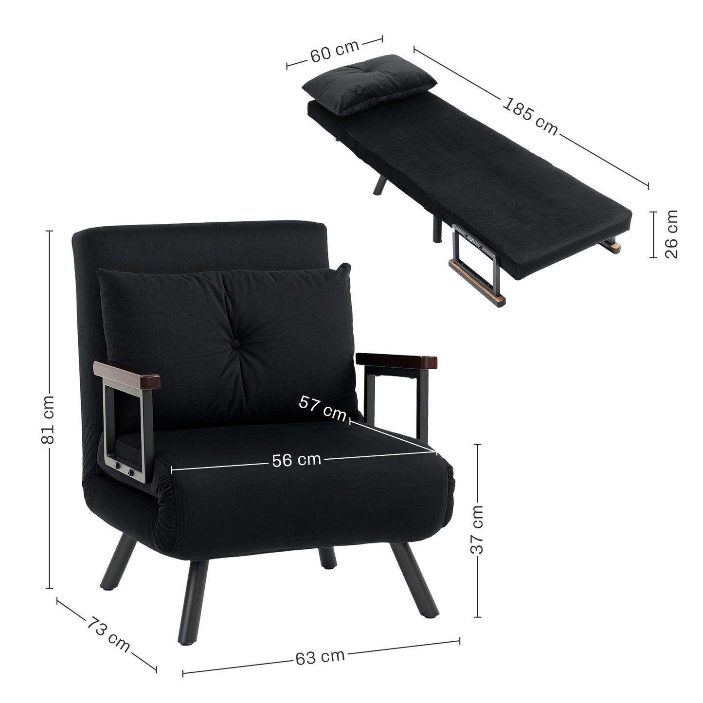 Nenoli Velvet Black 4 In One Convertible Single Chair Bed With Cushion
