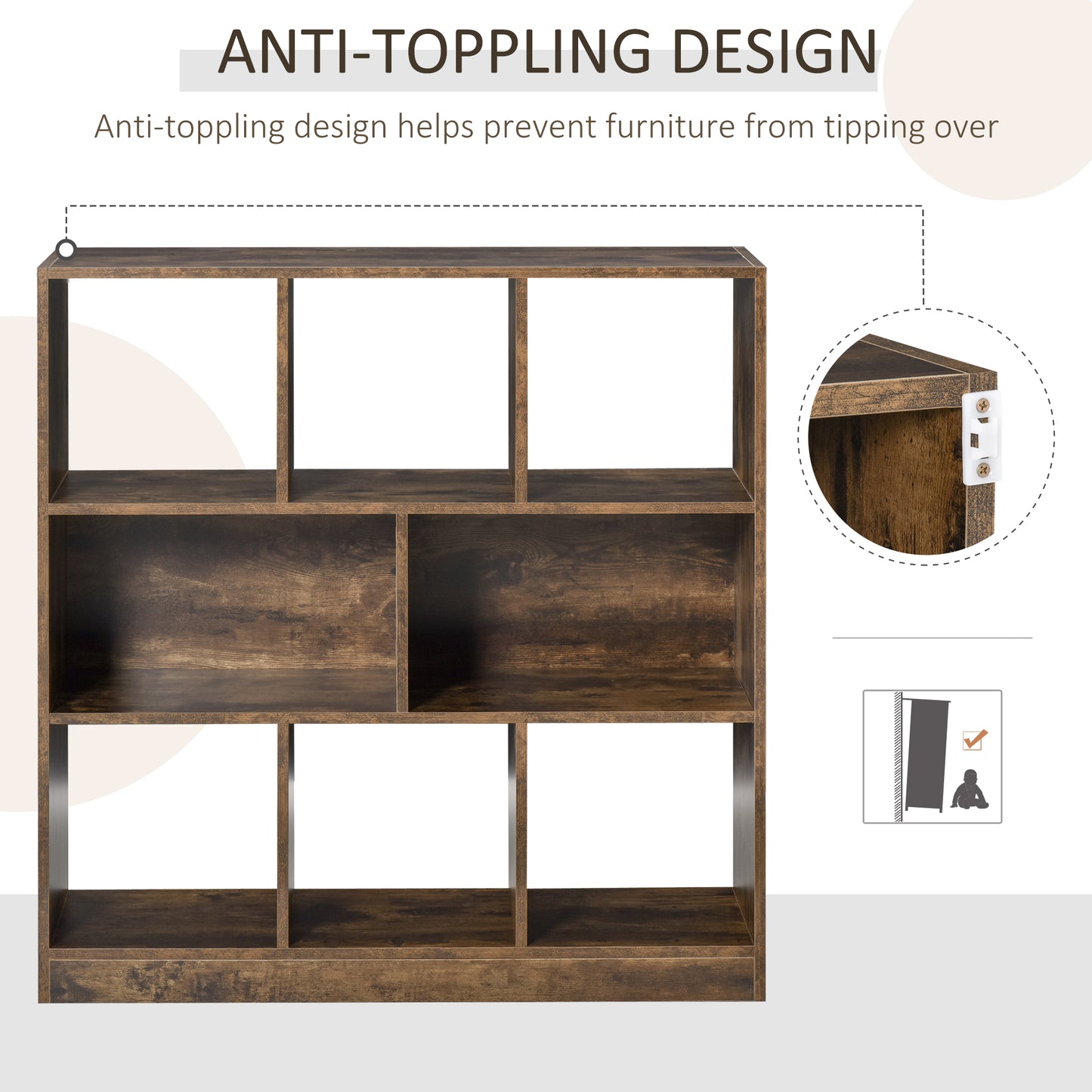 Ketomo Wood Rustic Brown 3 Tier OFauxn Bookcase Room Divider