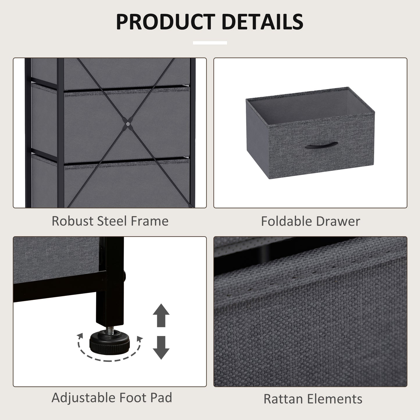 Ralora Metal And Fabric Dark Grey 5 Drawer Industrial Storage Dresser With Steel Frame