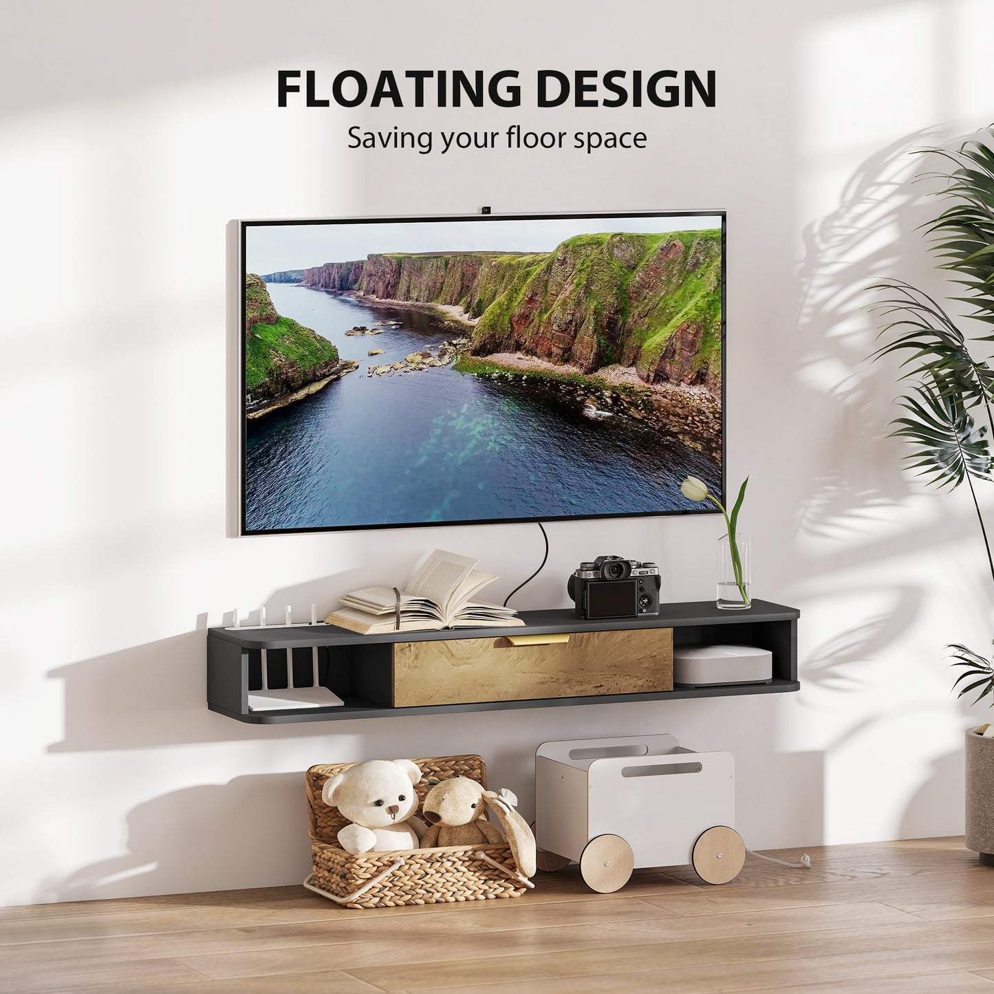 Nova 120cm Wooden Charcoal Grey and Natural Floating TV Stand With Storage
