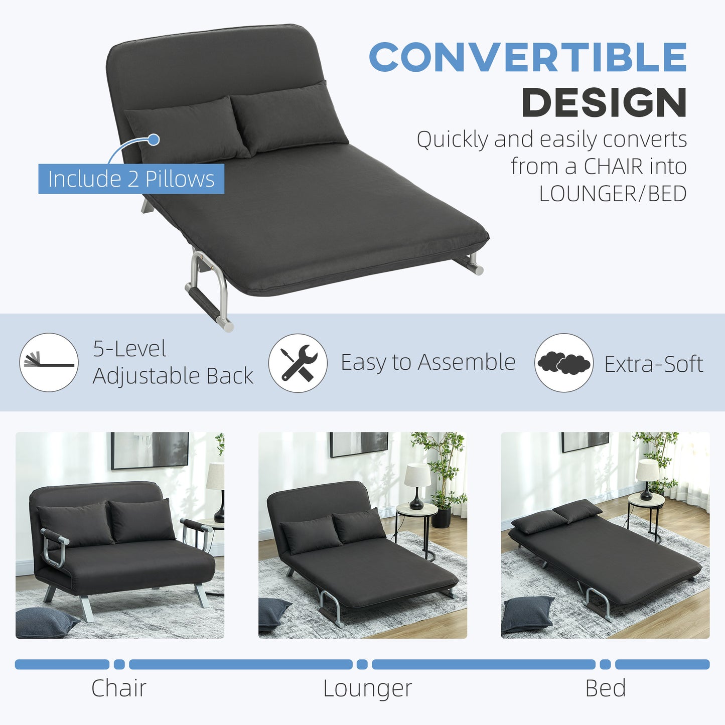 Fiyo Fabric Dark Grey 2 Seater Click Clack Sofa Bed