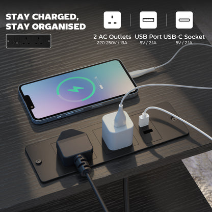 Pado Metal Black Bedside Table 2 Grey Fabric Fold Down Drawers With Integrated Charging Station