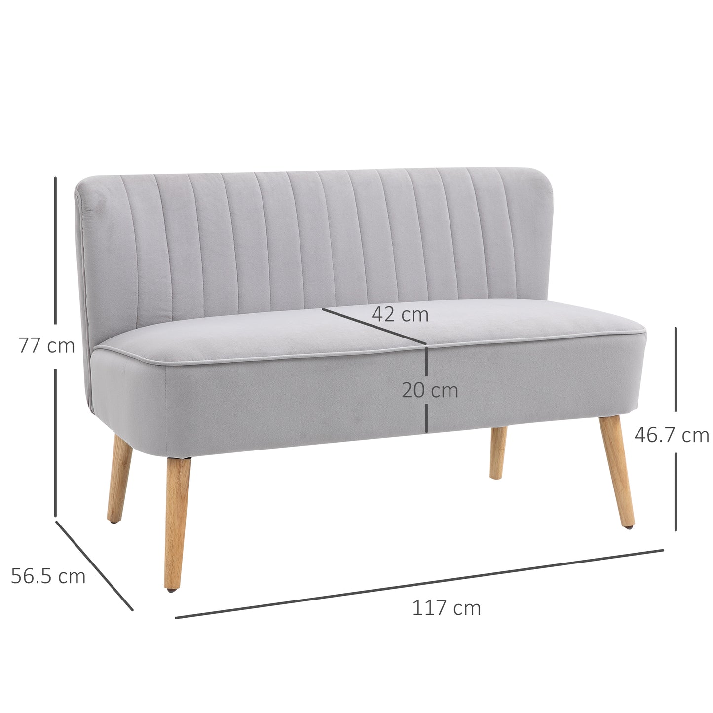 Haleco Light Grey Fabric 2 Seater Love Sofa Panel Tufted Back Natural Wooden Legs
