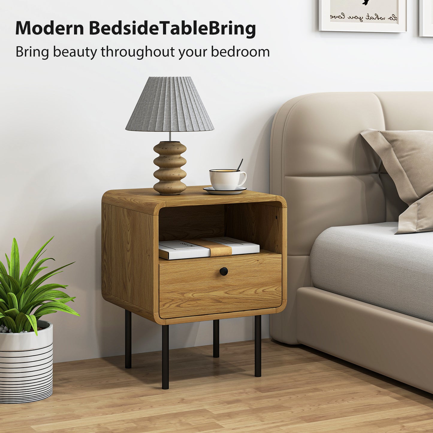 Move Lalo Oak Finish Wooden Bedside Table With Drawer And Open Shelf Storage