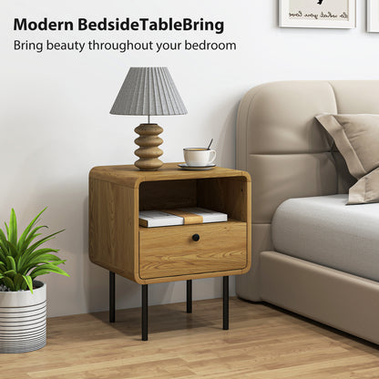 Move Lalo Oak Finish Wooden Bedside Table With Drawer And Open Shelf Storage