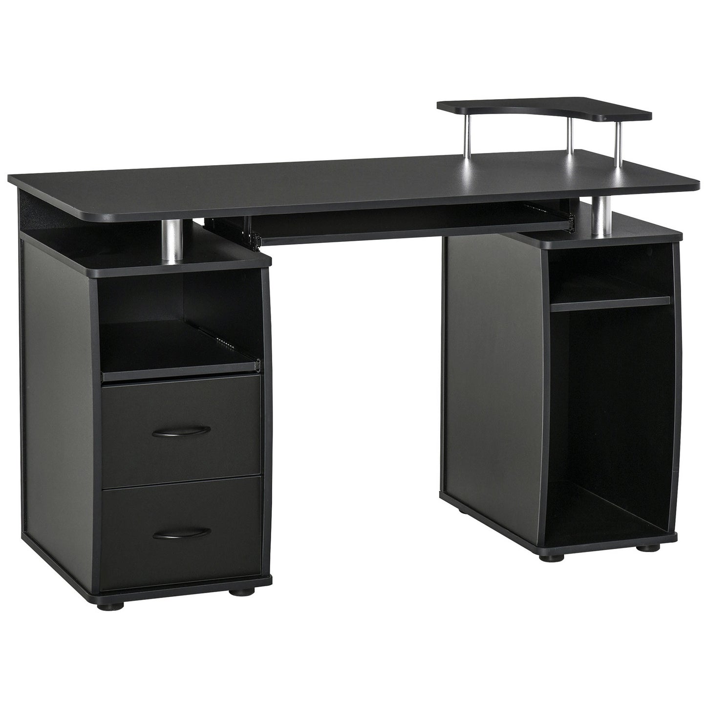 Domofi 120cm Wooden Black Computer Desk With Sliding Keyboard Tray Shelves And Drawers