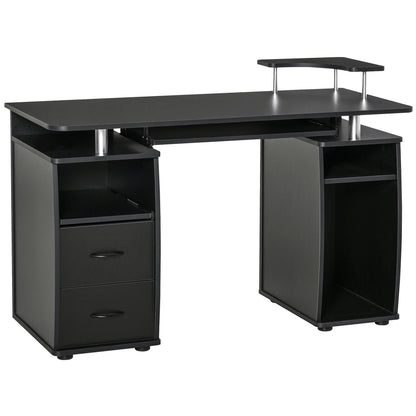 Domofi 120cm Wooden Black Computer Desk With Sliding Keyboard Tray Shelves And Drawers