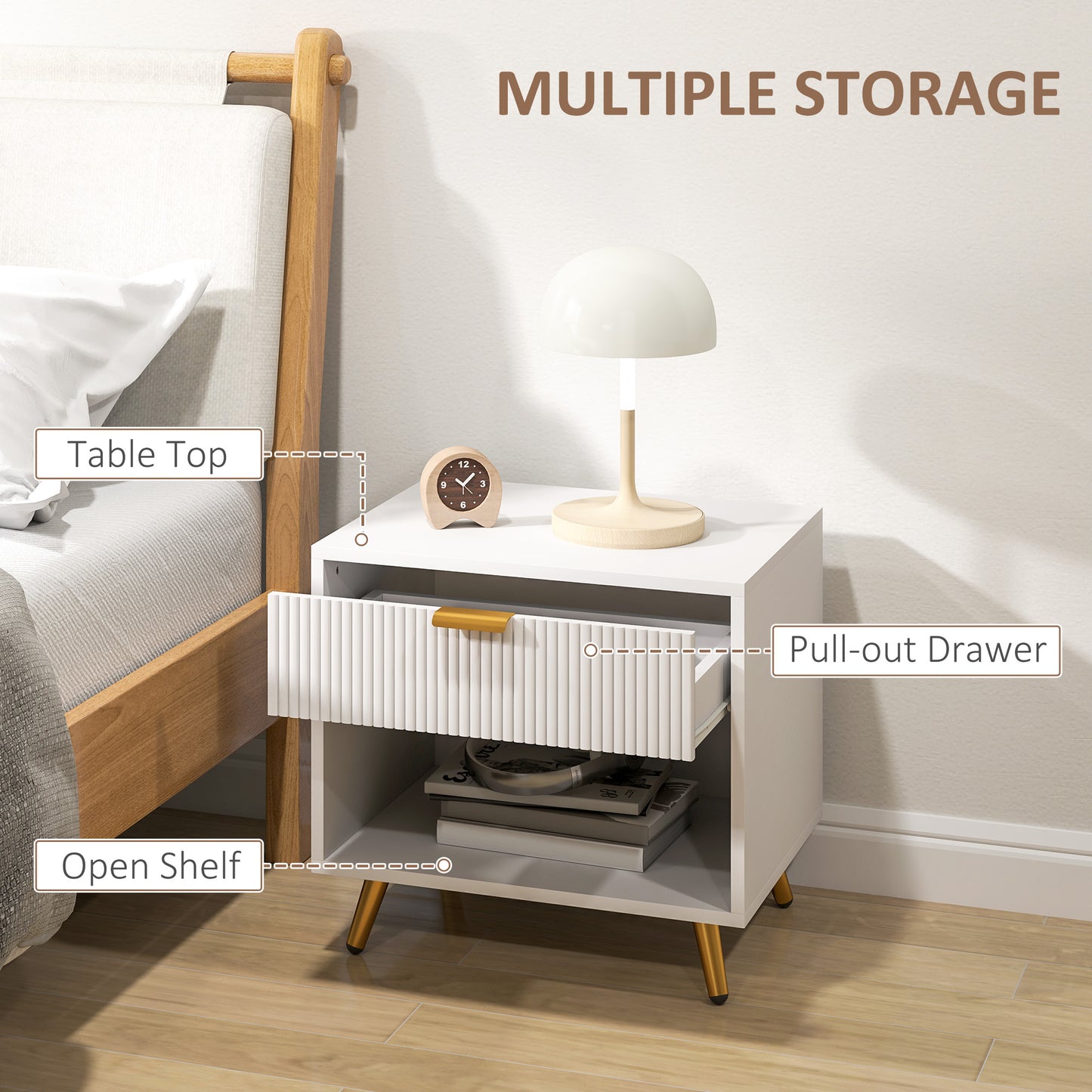 Sedora Vela White And Gold Tone Elegant Bedside Table With Ribbed Drawer And Shelf