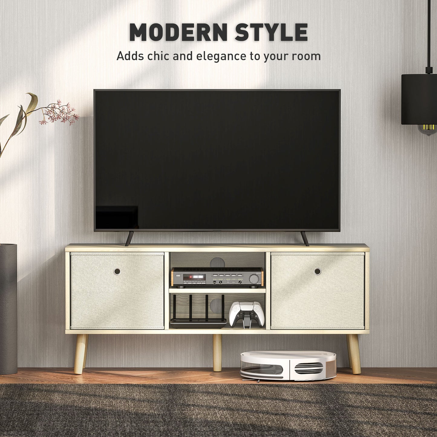 Lepa Yoha 110cm Natural Wood TV Storage Cabinet With Fabric Fold Down Drawers For Screens Up To 50 Inches
