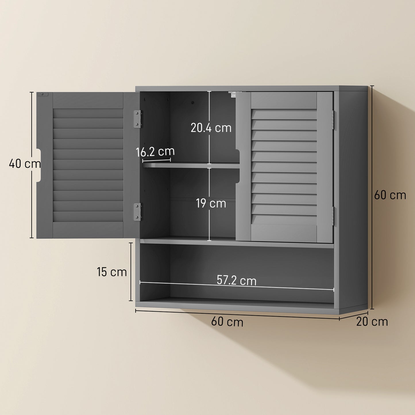 Zilikane Wall Mounted Bathroom Storage Cabinet With Adjustable Shelves Grey 60 x 20 x 60cm