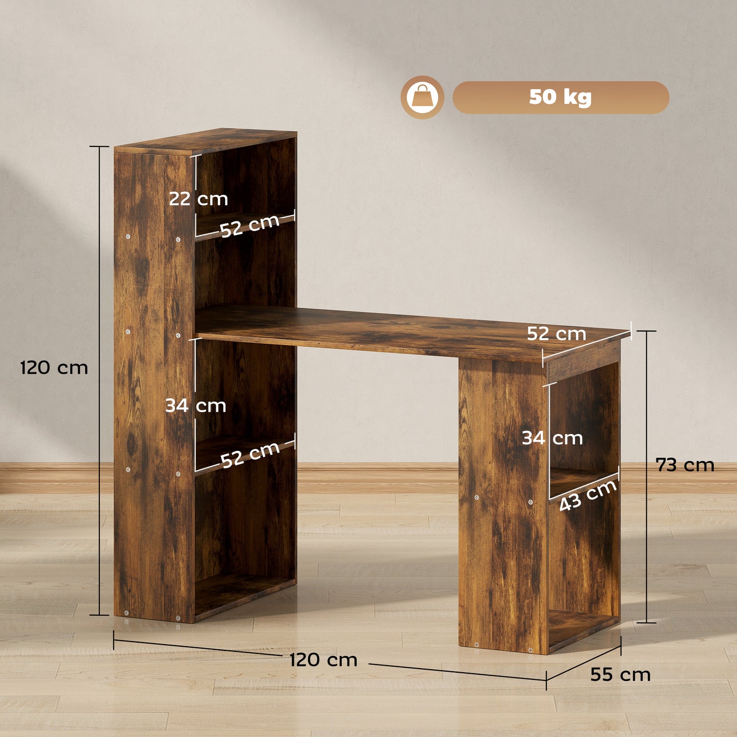 Nanono 120cm Wooden Rustic Brown 6 Tier Bookshelf Desk For Home Office