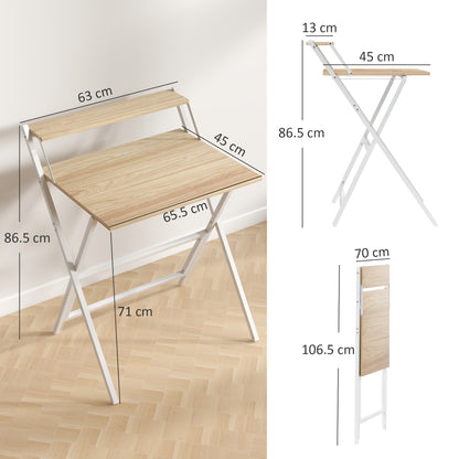 Veeldi 70cm Small Wooden Natural Folding Desk With Raised Monitor Shelf