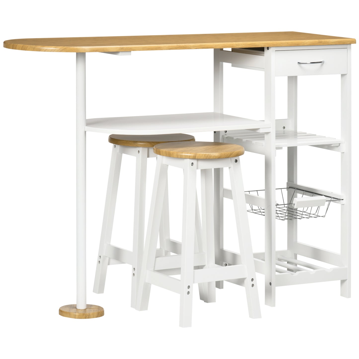 Zipa Wooden Natural And White 3 Piece Breakfast Bar Set With Storage And Wine Rack