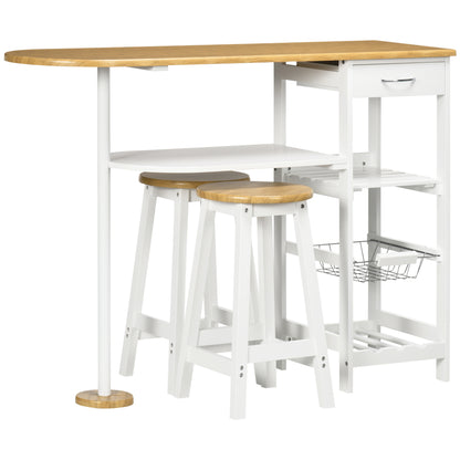 Zipa Wooden Natural And White 3 Piece Breakfast Bar Set With Storage And Wine Rack
