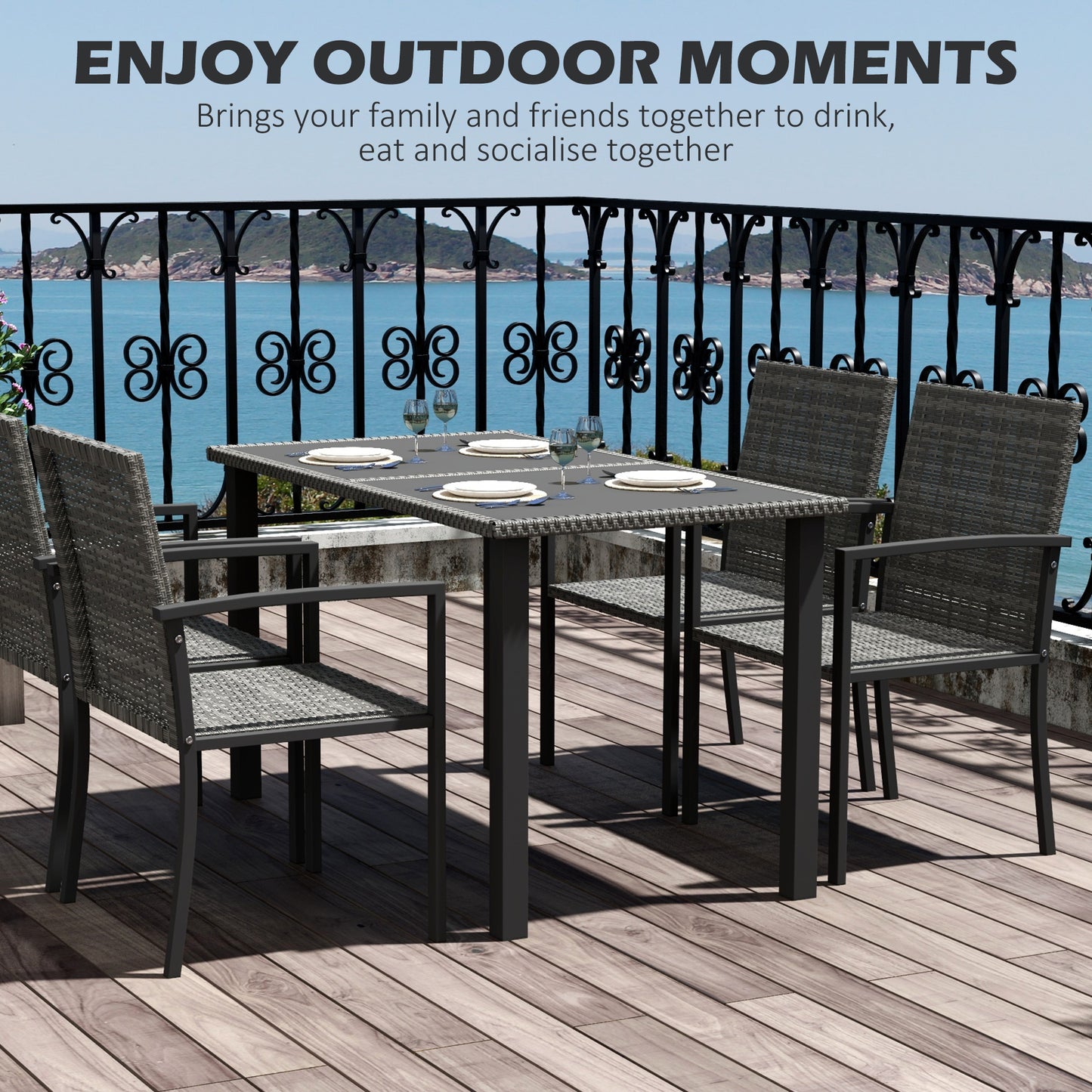 Pakeri Dark Grey Rattan 4 Seater Outdoor Dining Set With Tempered Glass Table And Chairs