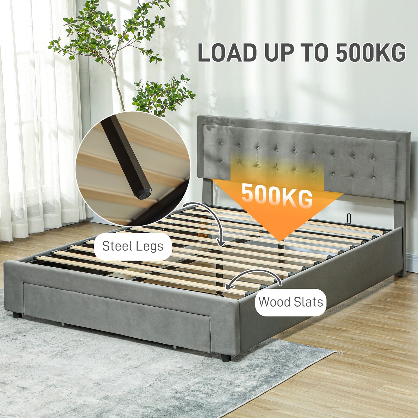 Dineno 5FT Grey King Size Ottoman Bed Frame With Built In Front Divan Storage Drawer