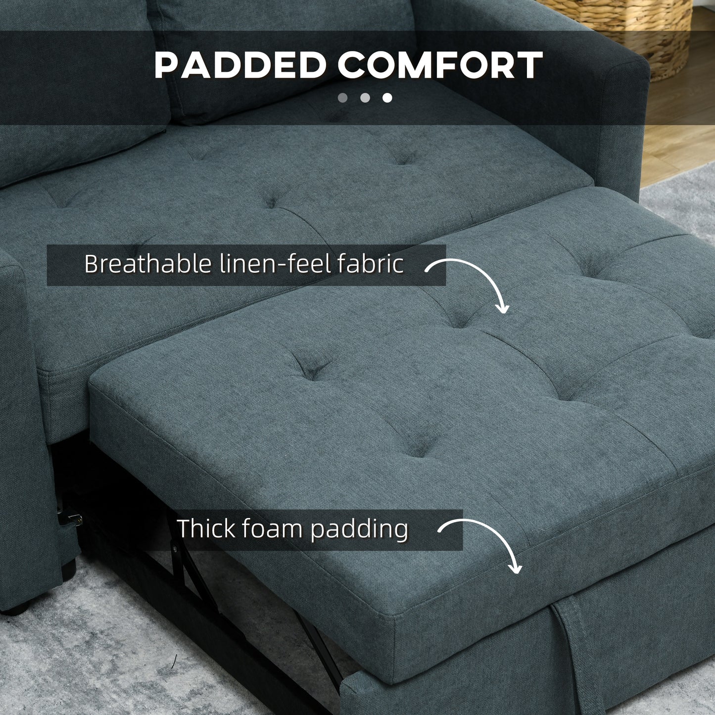 Matano Maso Charcoal Grey 2 Seater Sofa Bed With Side Pockets And Cushions
