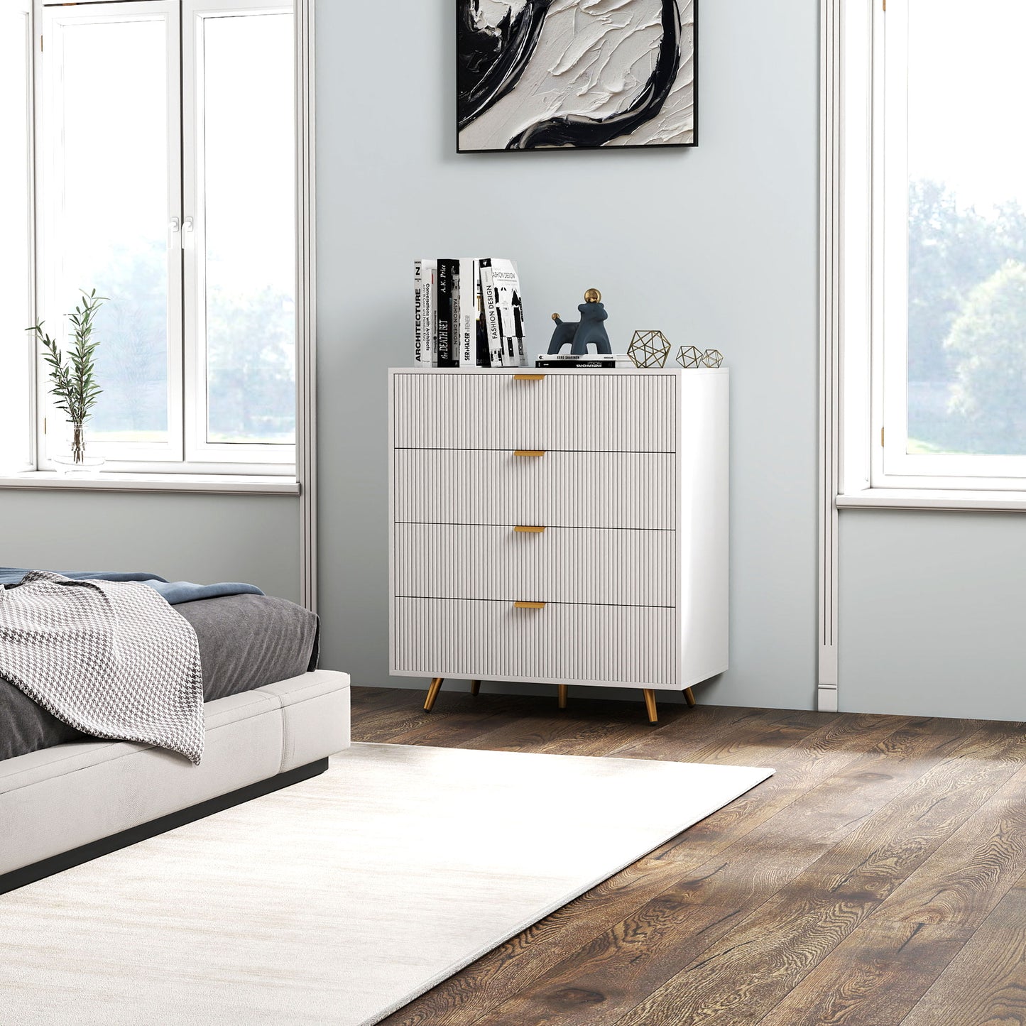 Refa Wooden White Elegant 4 Drawer Bedside Storage Table