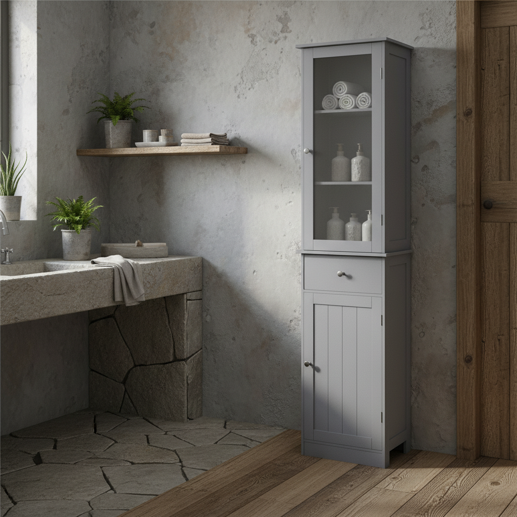 Zira Tall Slim Grey Bathroom Storage Cabinet With Shelves Drawer And Door