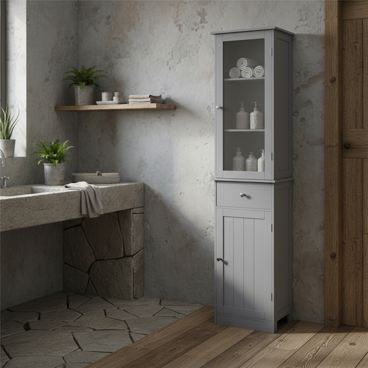 Zira Tall Slim Grey Bathroom Storage Cabinet With Shelves Drawer And Door