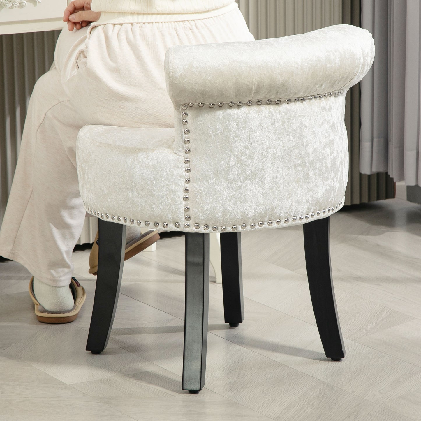 Salami Beige Velvet Dressing Table Stool With Rubber Wood Legs