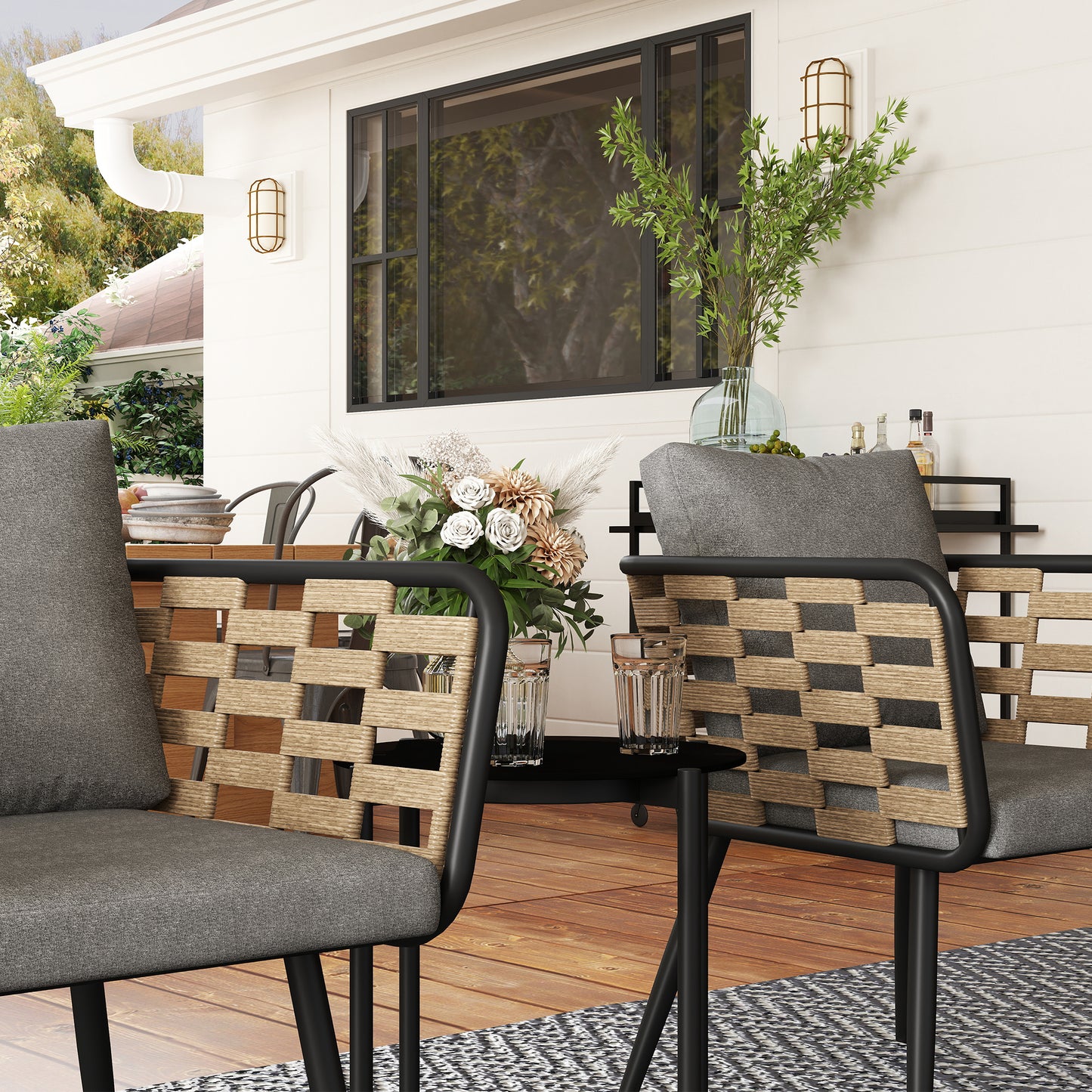 Lomi Natural Rattan 3 Piece Bistro Set with Round Glass Coffee Table