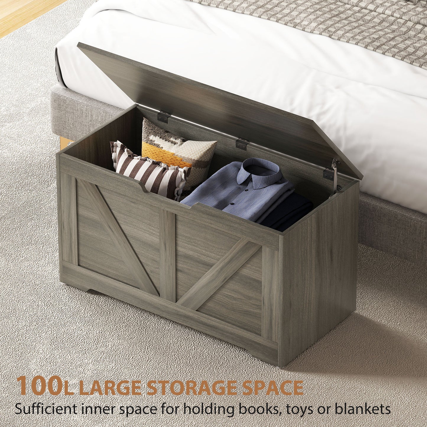 Cosoli Charcoal Grey Wood Effect Storage Chest With Safety Hinges 100 Litre