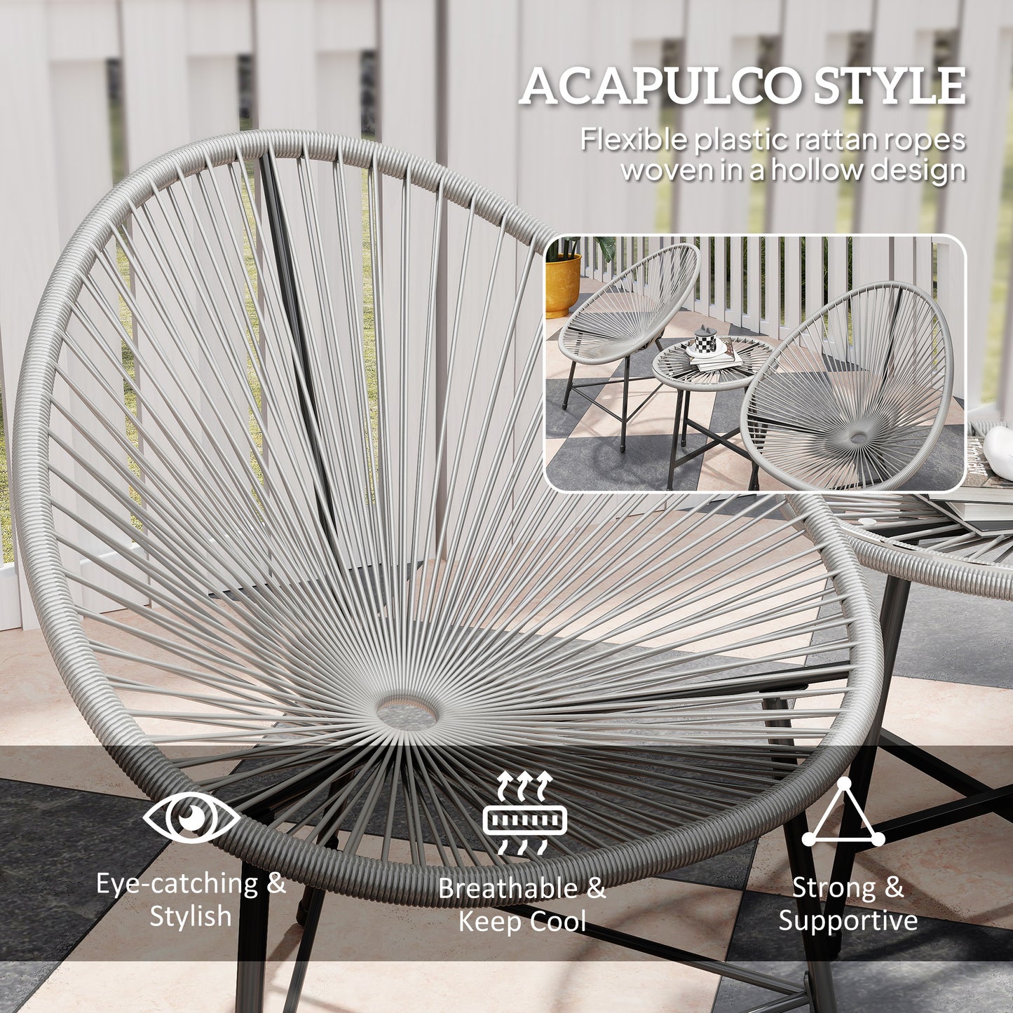 Nibaco Rattan Rope Grey 3 Piece Outdoor Garden Bistro Set With Glass Top Table