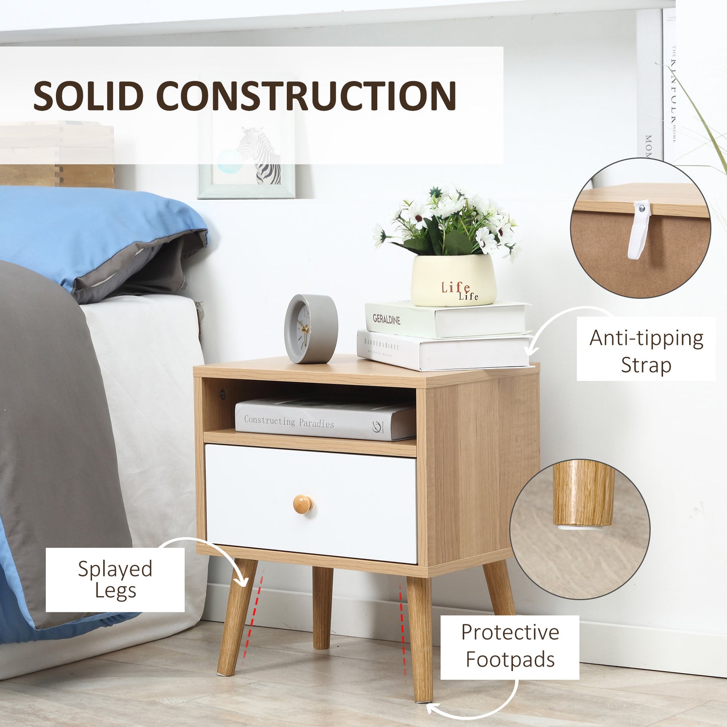 Sartok Set Of 2 Wooden Natural Bedside Tables With Drawer And Top Shelf