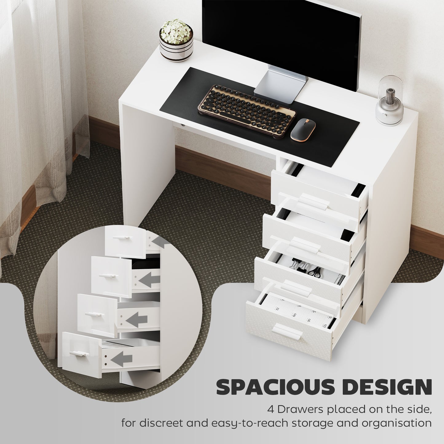 Reka 98cm High Gloss White Desk 4 Drawers For Home Office
