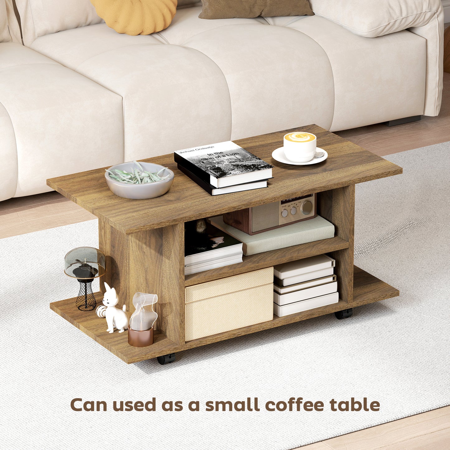 Avavello 80cm Walnut Finish Mobile TV Storage Unit With Shelves And Bookcase Style