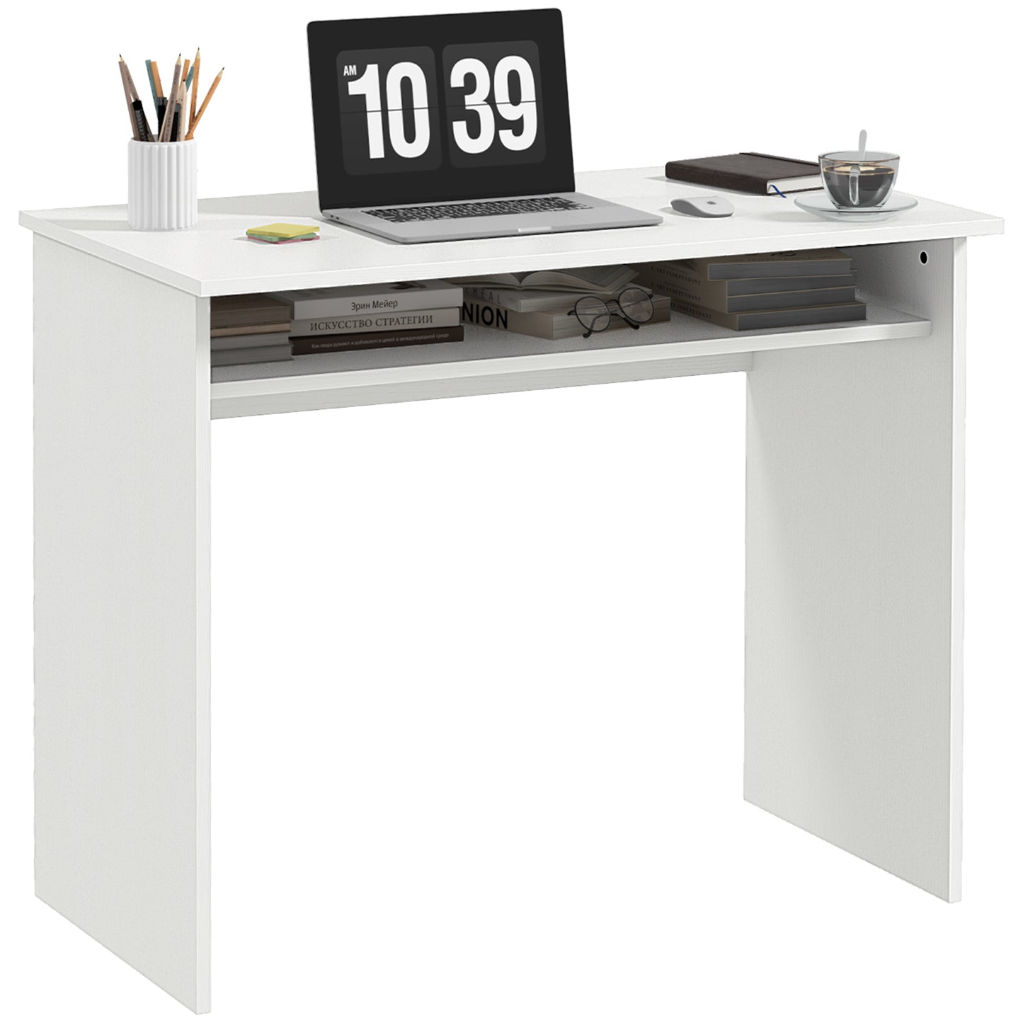 Doha 90cm Wooden White Wood Grain Compact Study Desk With Storage Shelf
