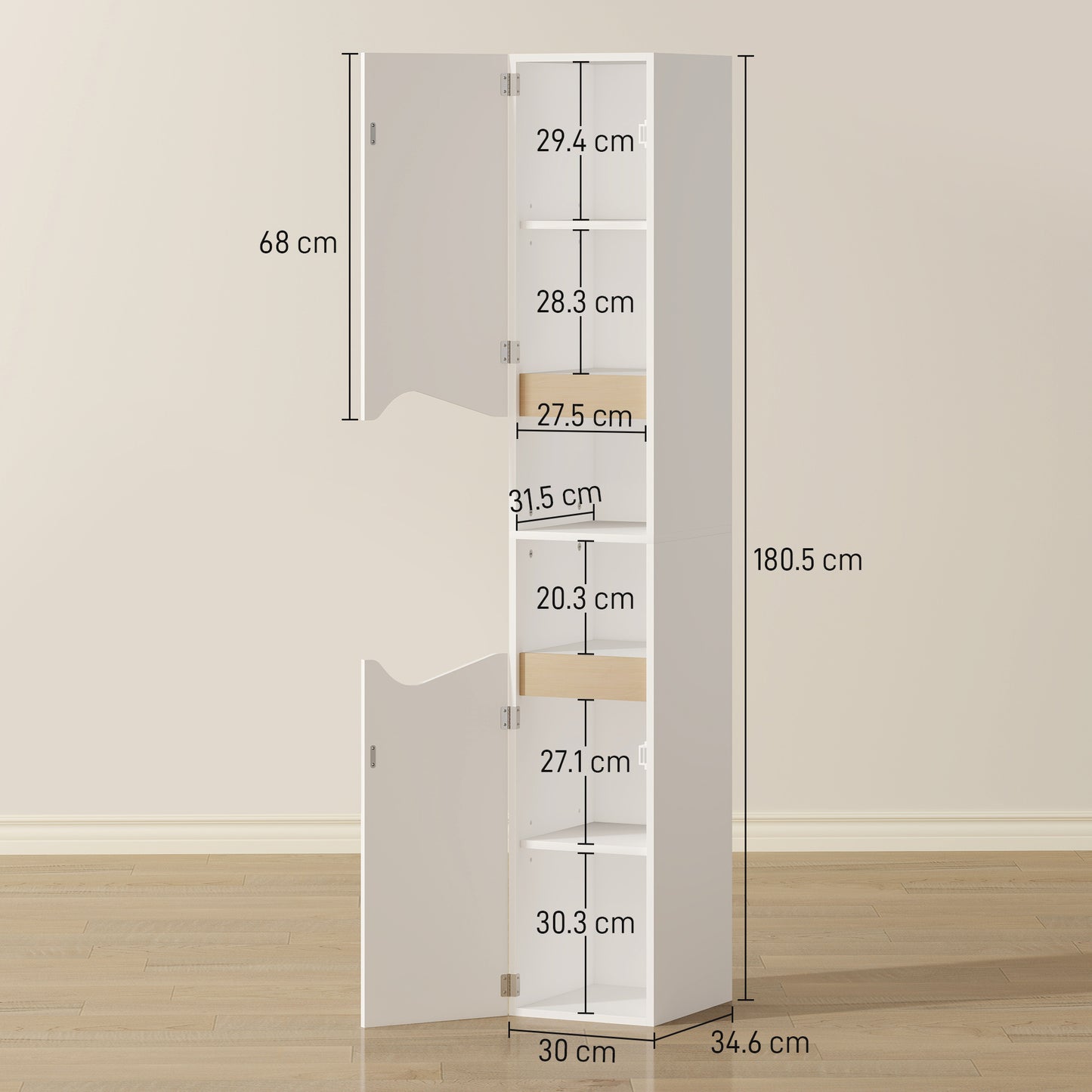 Rasa Slim Tall Bathroom Storage Cabinet With 2 Doors And 2 Shelves White