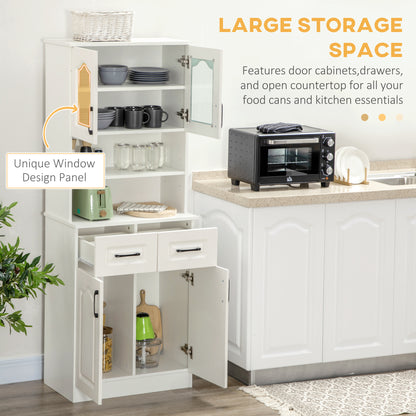 Reluta Tafa Wooden White Tall Kitchen Cupboard With Adjustable Shelves Drawers And OFauxn Counter 168 cm