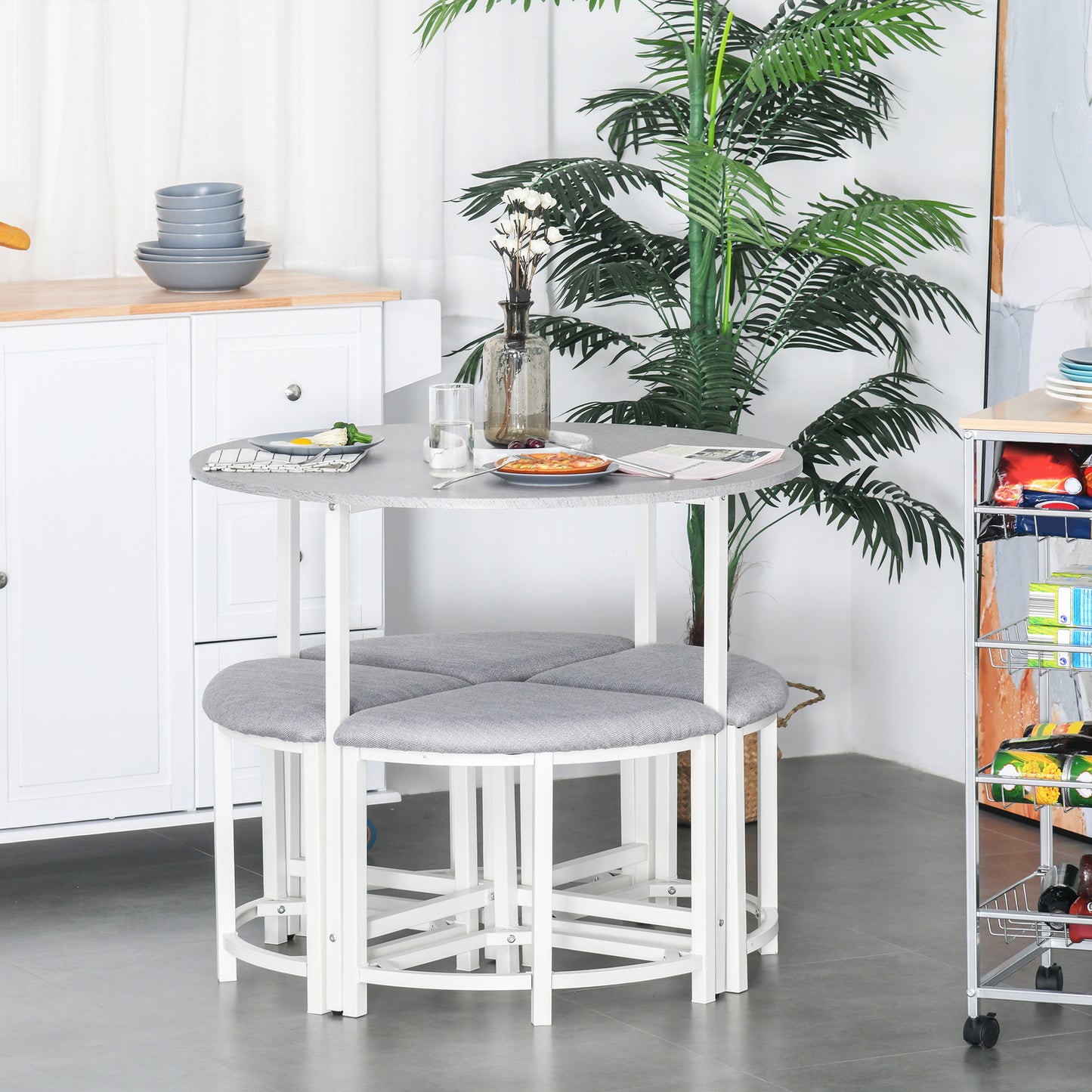 Bavino Metal And Fabric Grey Round Dining Table With 4 Upholstered Stools