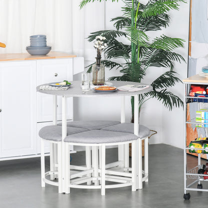 Bavino Metal And Fabric Grey Round Dining Table With 4 Upholstered Stools