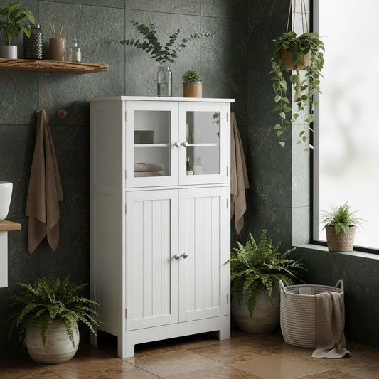Morreta Freestanding Storage Cabinet With Drawers Shelves And Glass Door For Bathroom Or Hallway